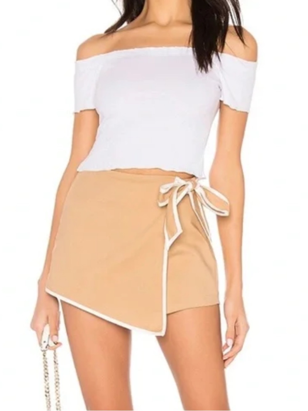 Revolve Super Down Women’s Beige Mini Skort Side Tie Size S Neutral Coastal NEW